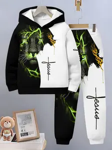 Boys Spring Fall Sports Set, Contrast Fluorescent Lion Jesus Hoodie and Pants Two-Piece, Casual Fitted Kids Children Clothing, Clothing Sets, Sweatshirts, Sweatpants, Youth Kits