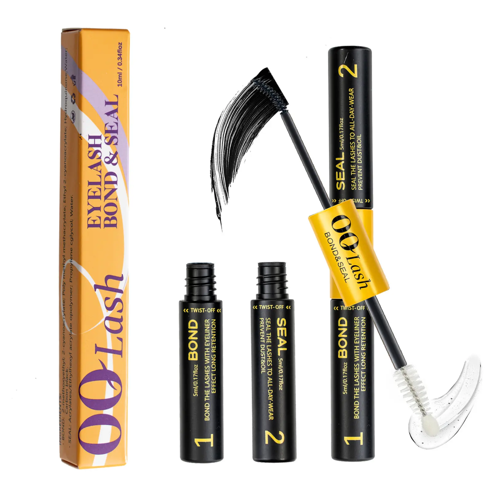 OQLash Lash Bond and Seal, 2-in-1 Black Eyelash Adhesive with 72-Hour Strong Hold, Waterproof & Latex-Free Gentle Formula for DIY Cluster Lash Extensions, Eyelash False Eyelashes & Adhesives