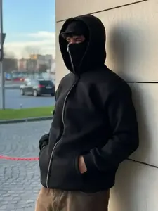 Men's Black Minimalist Balaclava Zip-Up Hoodie, Oversized Edgy Streetwear with Full-Face Mask, Dark Aesthetic & Streetwear Daily Wear