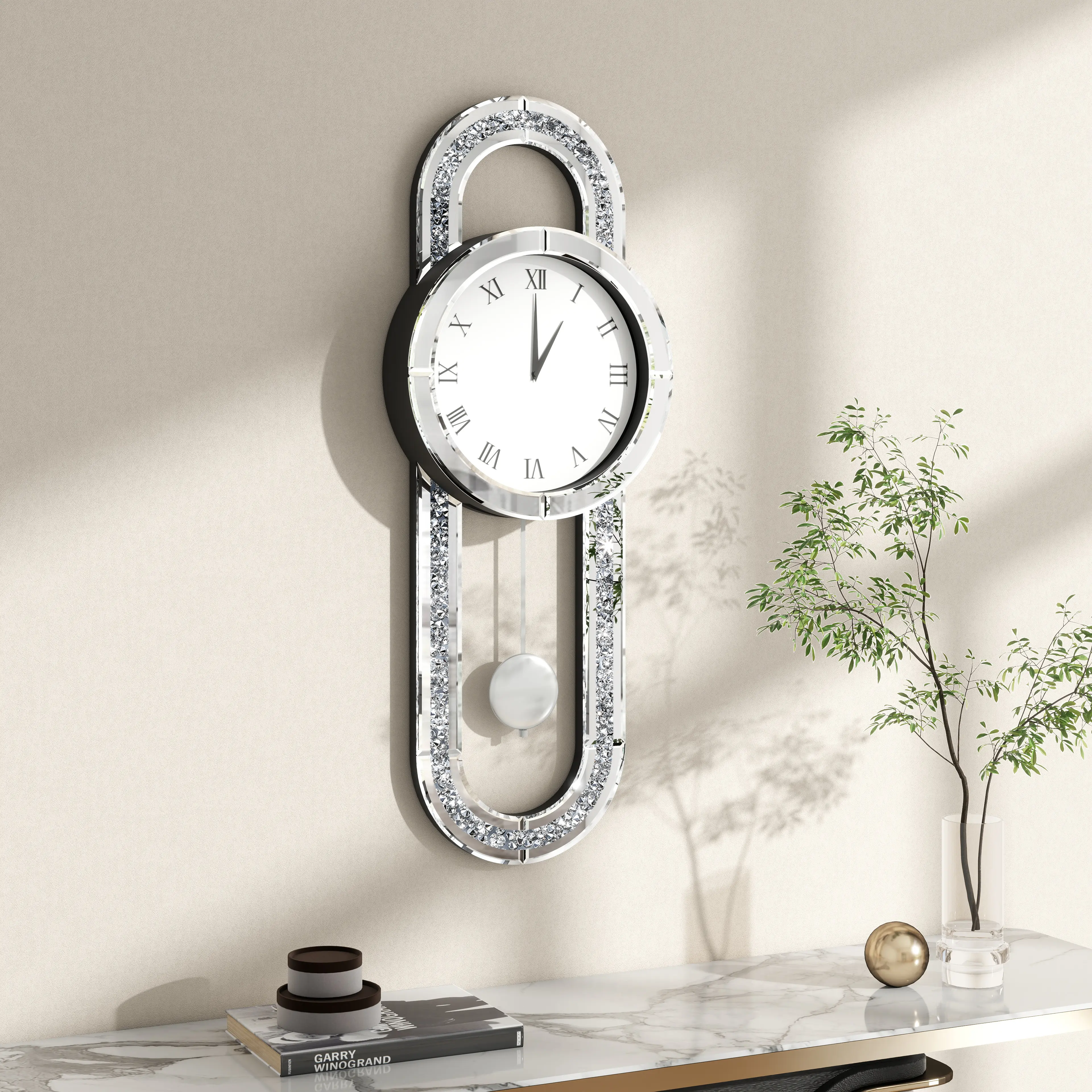 Decorative Wall Clock 31.5" Mirrored Pendulum Clock Silent Quality Quartz Luxury Large Wall Clocks with Crushed Diamond