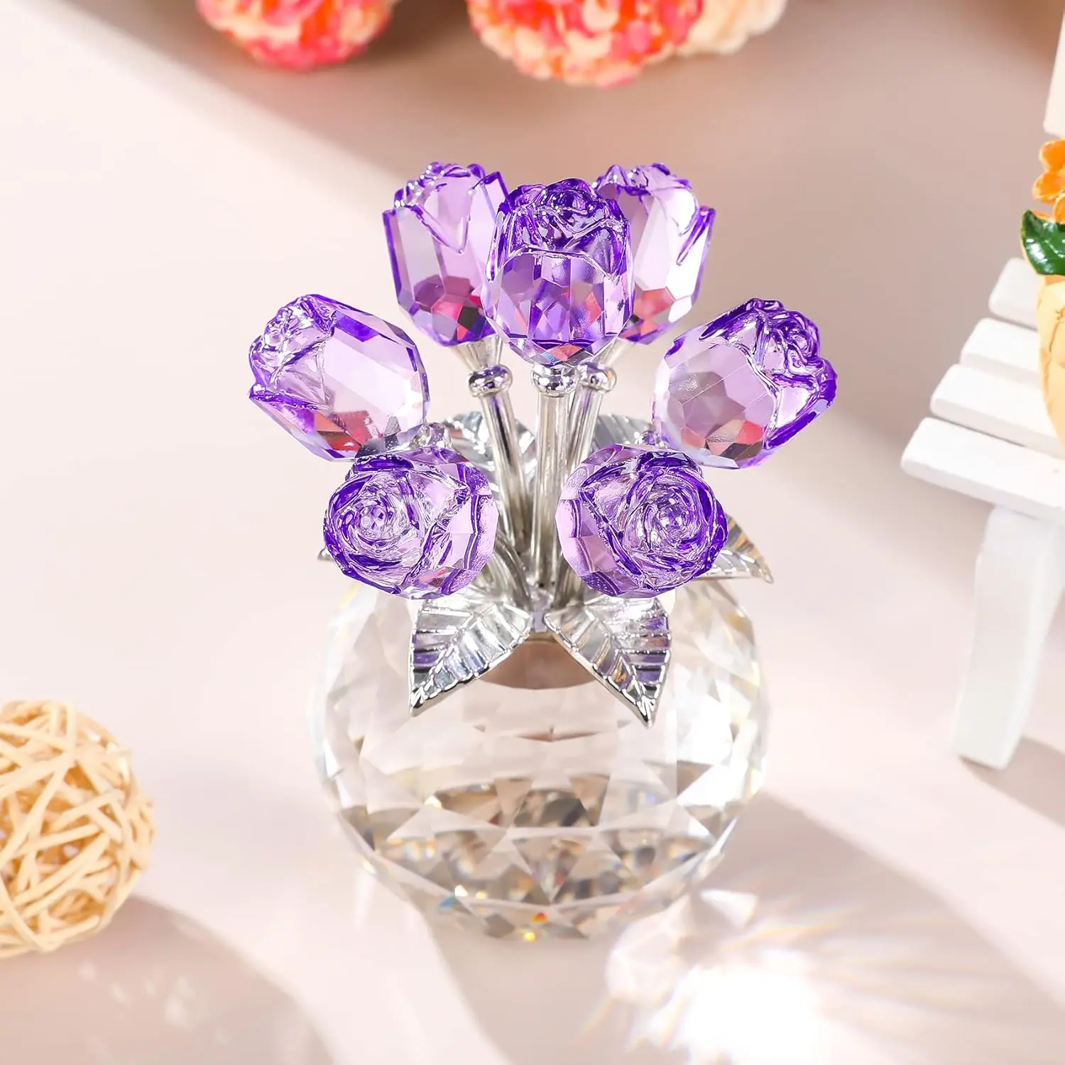 Handmade Purple Crystal Rose Flower Figurine with Round Vase, Romantic Gift for Women, Office & Home Decor for Anniversary Mother's Day Birthday Wedding