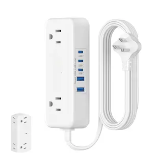 5 USB(3 USB C) Travel Power Strip- 5Ft Short Extension Cord with 5 USB  Station 24W/4.8A and 4 Wide Outlets, Compact Flat Plug Small Extension Cord for Travel Cruise College Dorm Office White