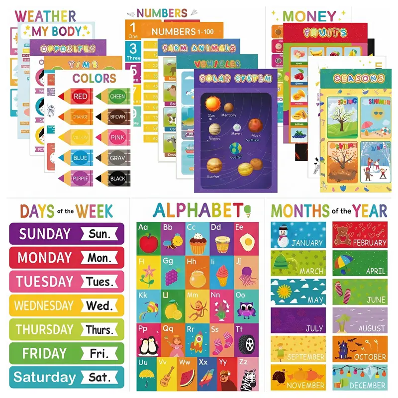 16 Laminated Toddler Educational Wall Posters for Classroom & Kindergarten, Kindergarten Classroom Must Haves, Laminated Learning Chart Materials