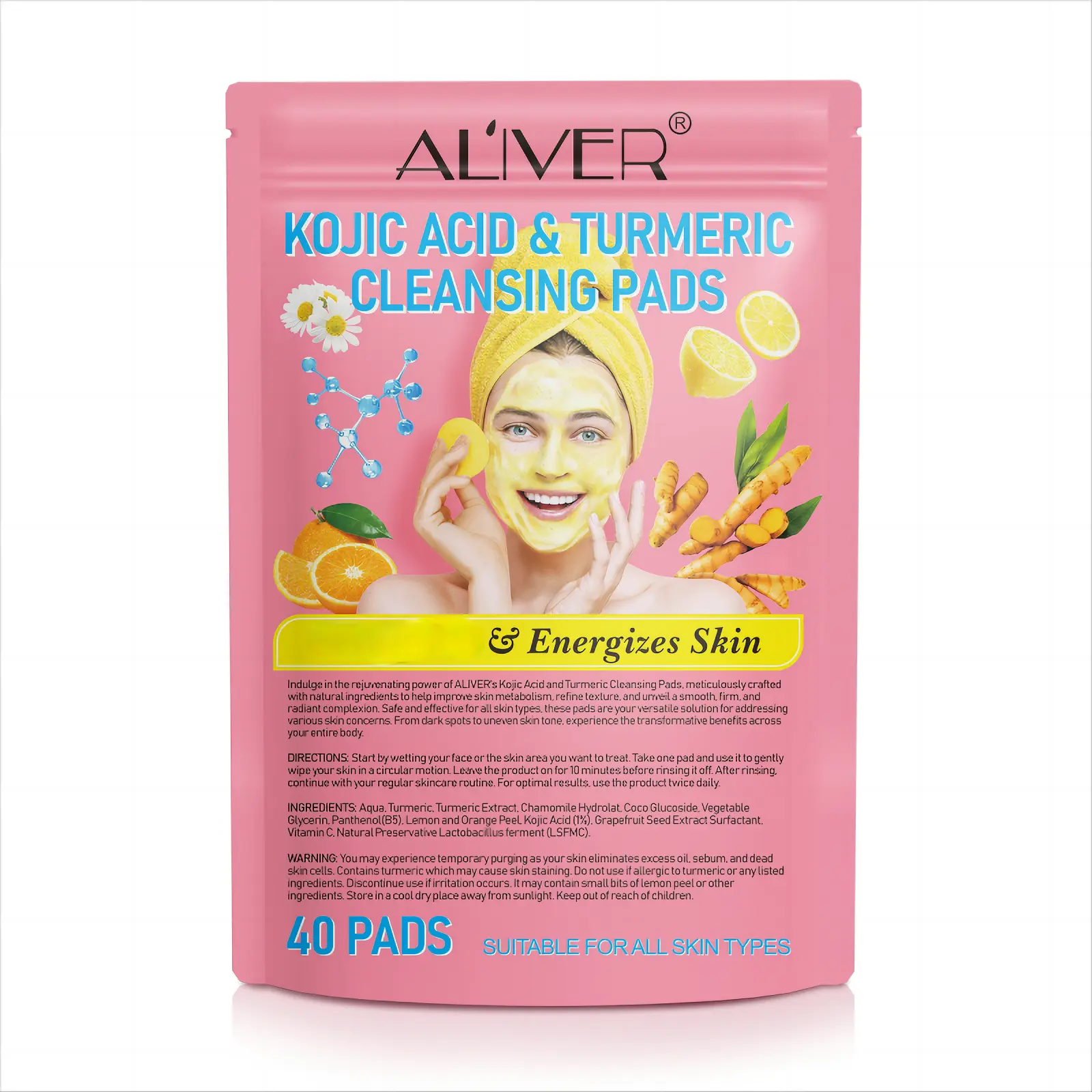 Aliver Kojic Acid & Turmeric Cleansing Pads, Skincare Comfort (40 pads) Skin Repair
