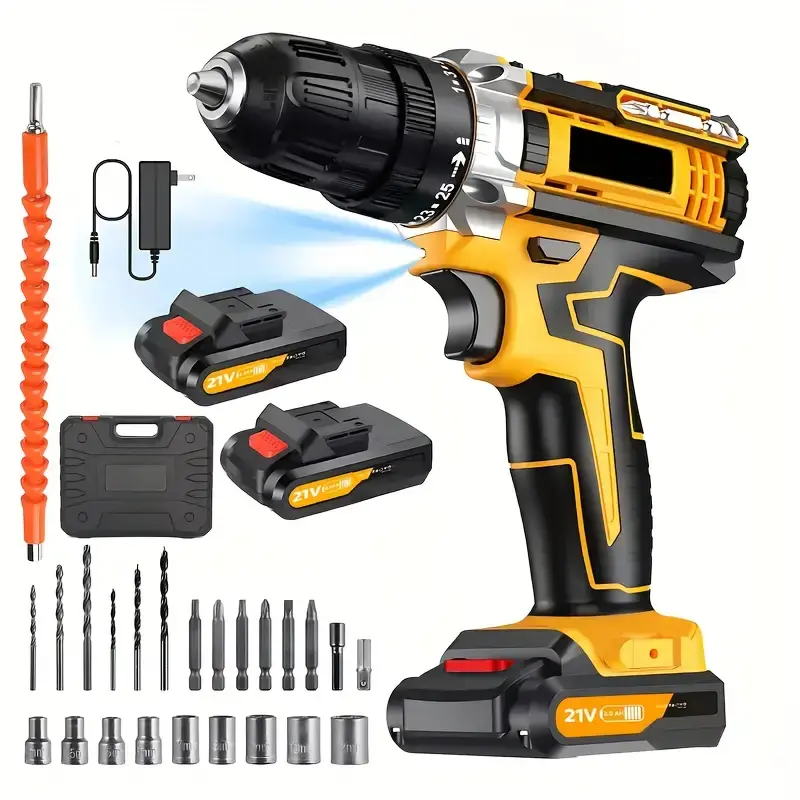 21V Cordless Drill Kit (1 Set) - 3/8" Keyless Chuck, 3-Clutch, 55Nm Max Torque, 2-Speed, 2 Rechargeable Lithium Batteries, Fast Charging, Work Light, DIY & Crafting Tool Accessories