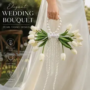 White Tulip Pearl Tassel Handheld Wedding Bouquet, Luxury Beaded Chain Bride Hand Flower, Fake Tulips, Artificial Floral Arrangement for Bridal Wedding Ceremony Bridesmaid Photo Shoot Party Decor