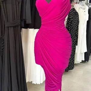 Fuchsia Long Spaghetti Strapped Dress with V Cut - Elegant Design Featuring a Vibrant Color and Unique Strap Style
