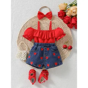 2-piece baby girl summer outfit|   Short-sleeved dress with ruffled shoulders, featuring a strap design and heart-shaped embroidered denim shorts|   Perfect for everyday wear, suitable for outdoor activities