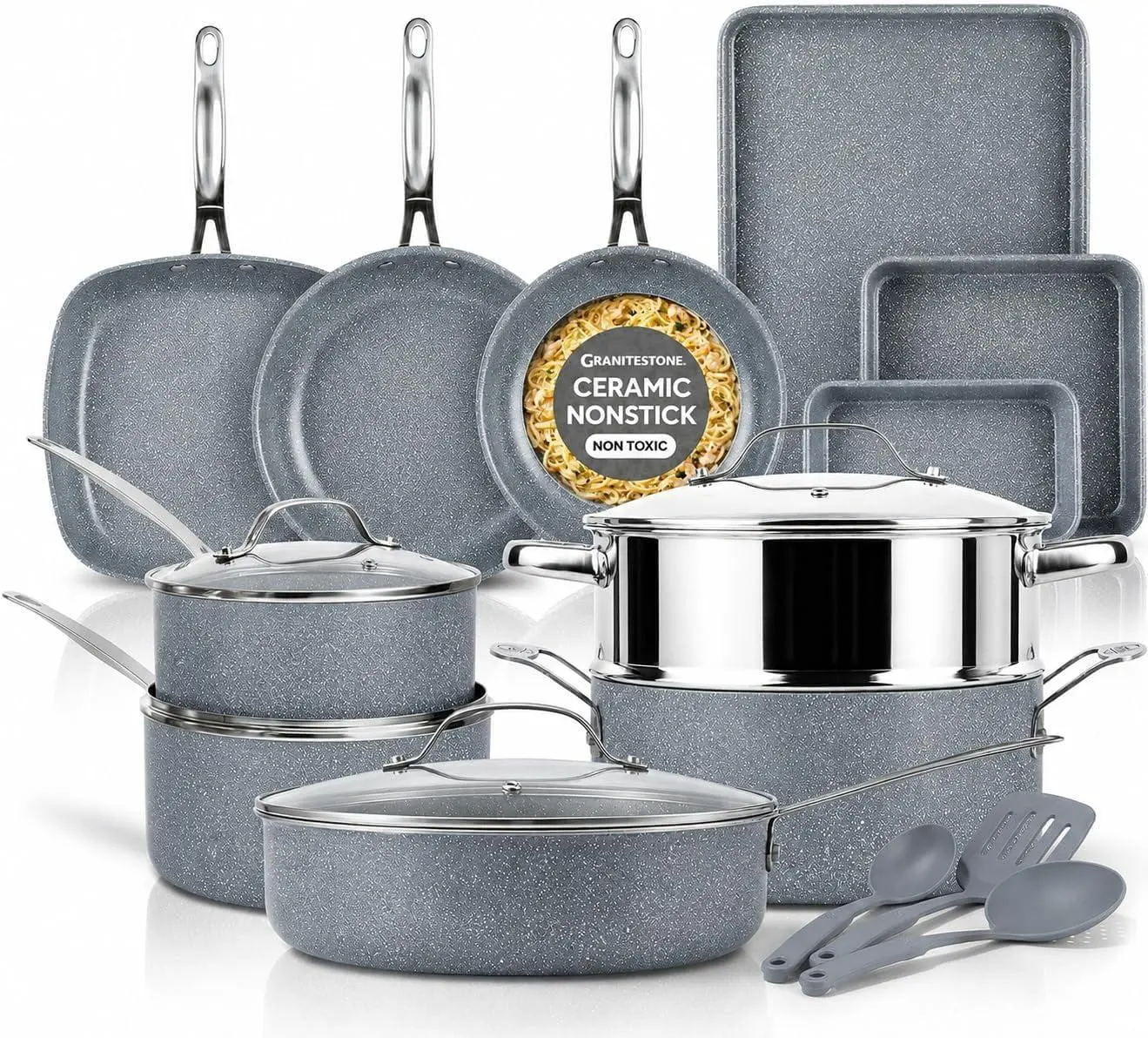 20 Pc Pots and Pans Set Non Stick, Pots and Pans Ceramic Cookware Set with Square Pan, Pot and Pan Set with Bakeware/Utensils, Non Stick Pots and Pan Set, Oven/Dishwasher Safe, Gray