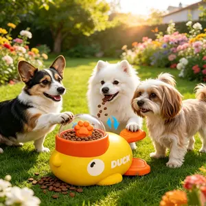 Interactive Press Button Dog Treat Dispenser Toy, Slow Feeder Puzzle Design, Duck Shape, Promotes Healthy Eating & Intelligence, Durable Plastic