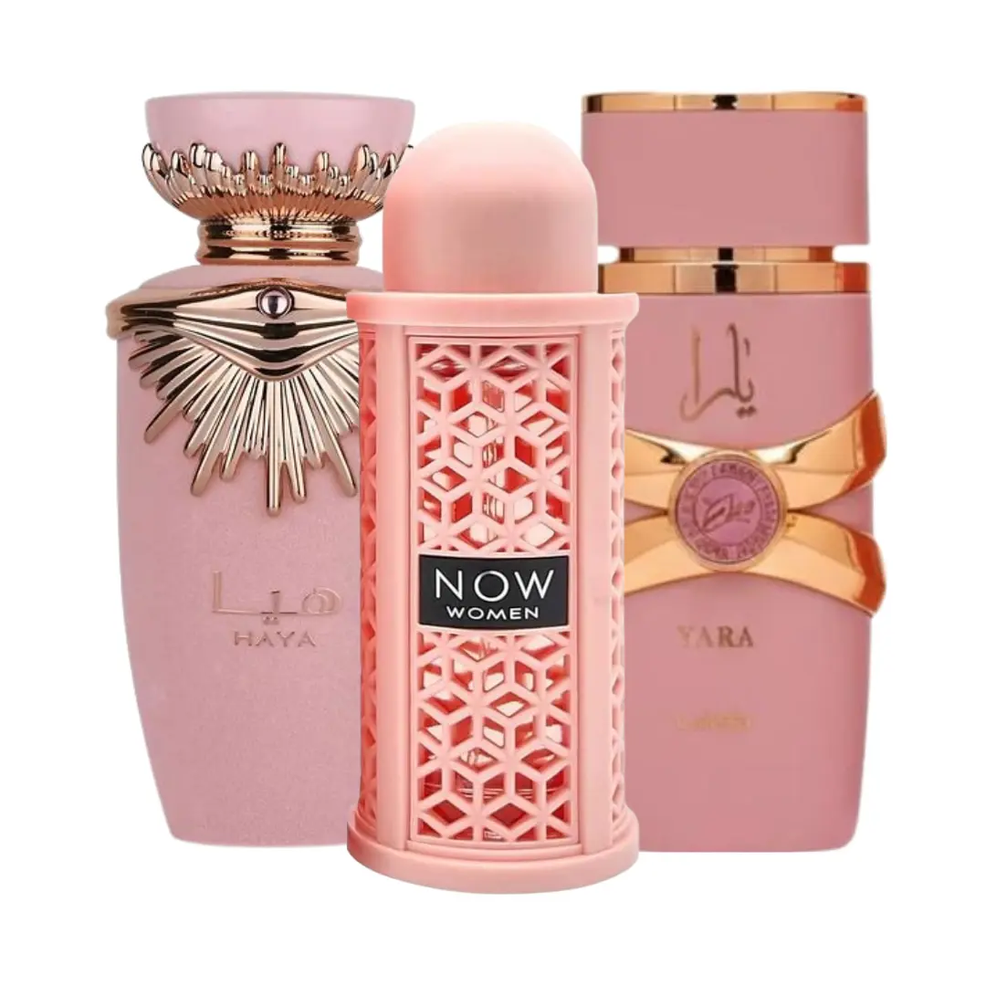 Lattafa Women's 3-Piece Fragrance Product Bundle - Now Pink, Yara Elixir, Haya Elegant Scented Items with Floral, Fruity Sweet Notes (Elegant, Packaged Fruity Bundle Women's Fragrance)
