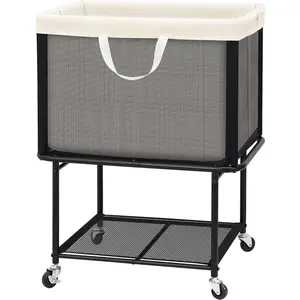 Rolling Laundry Hamper with Lockable Wheels, 29-Gallon (110L) Laundry Cart with Removable Canvas Bag, 2-Tier Clothes Basket Hamper with Shelf for Closet, Bedroom, Bathroom, Laundry Room, Beige