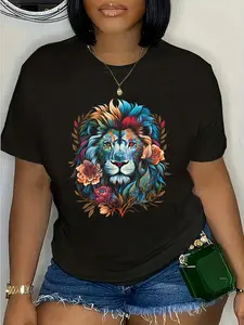 100% Cotton Unisex Lion colorful lions From Africa Day of the Dead Round Neck Short Sleeve T-Shirt Women's Men Graphic Tee