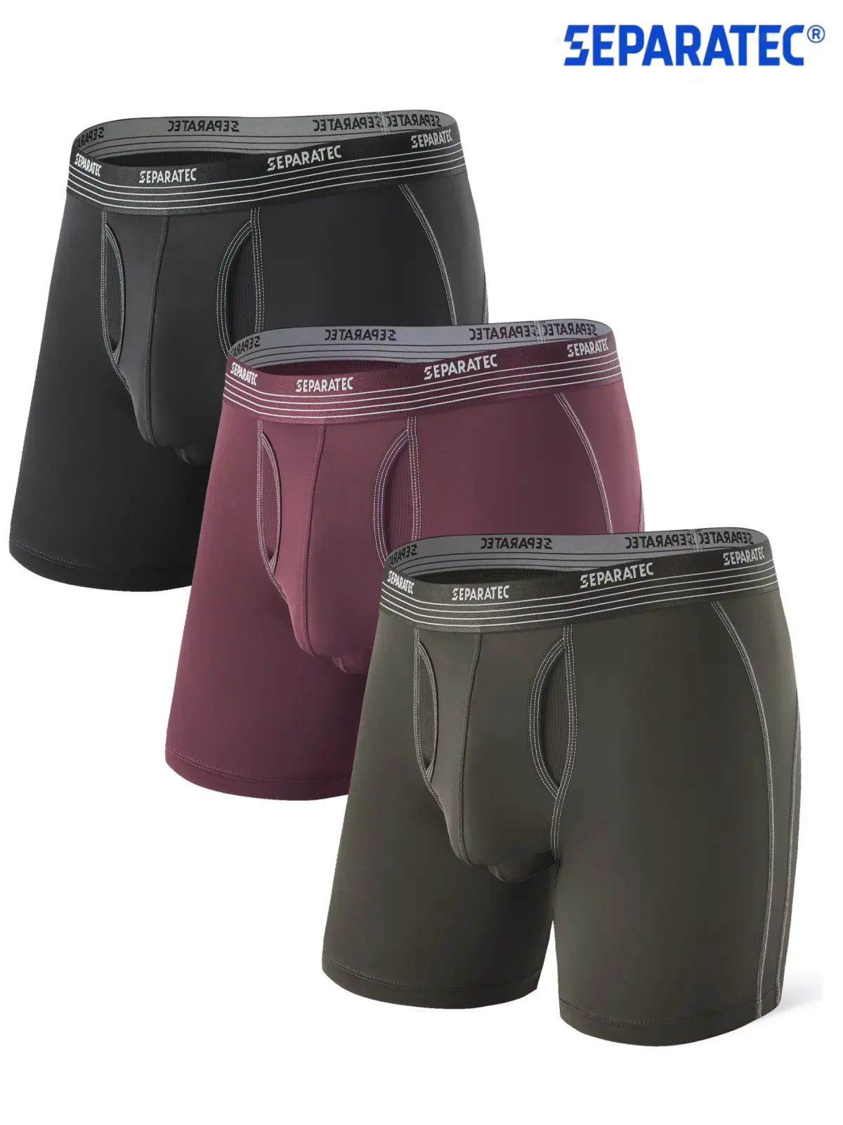Separatec Men's Dual Pouch Boxer Briefs 3-Pack - Plain Polyamide-Spandex Fabric, Elastic Anti-Chafing, Breathable All-Day Performance, Assorted Colorways for Activewear, Athletic Wear