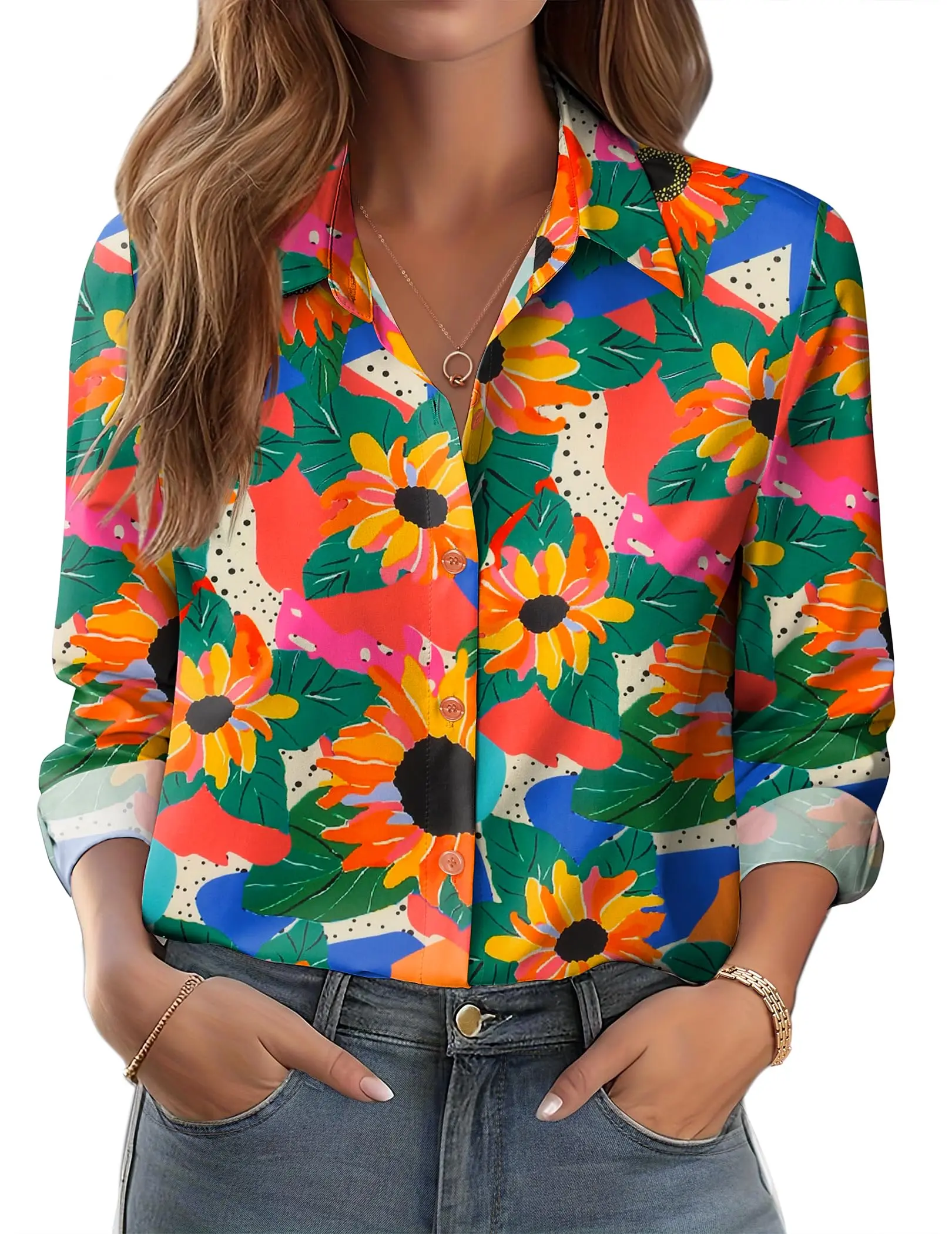 ZEAGOO Women's Floral Print Button Down Shirt, Dressy Casual Long Sleeve Blouse for Business Work Tops, Dress Casual