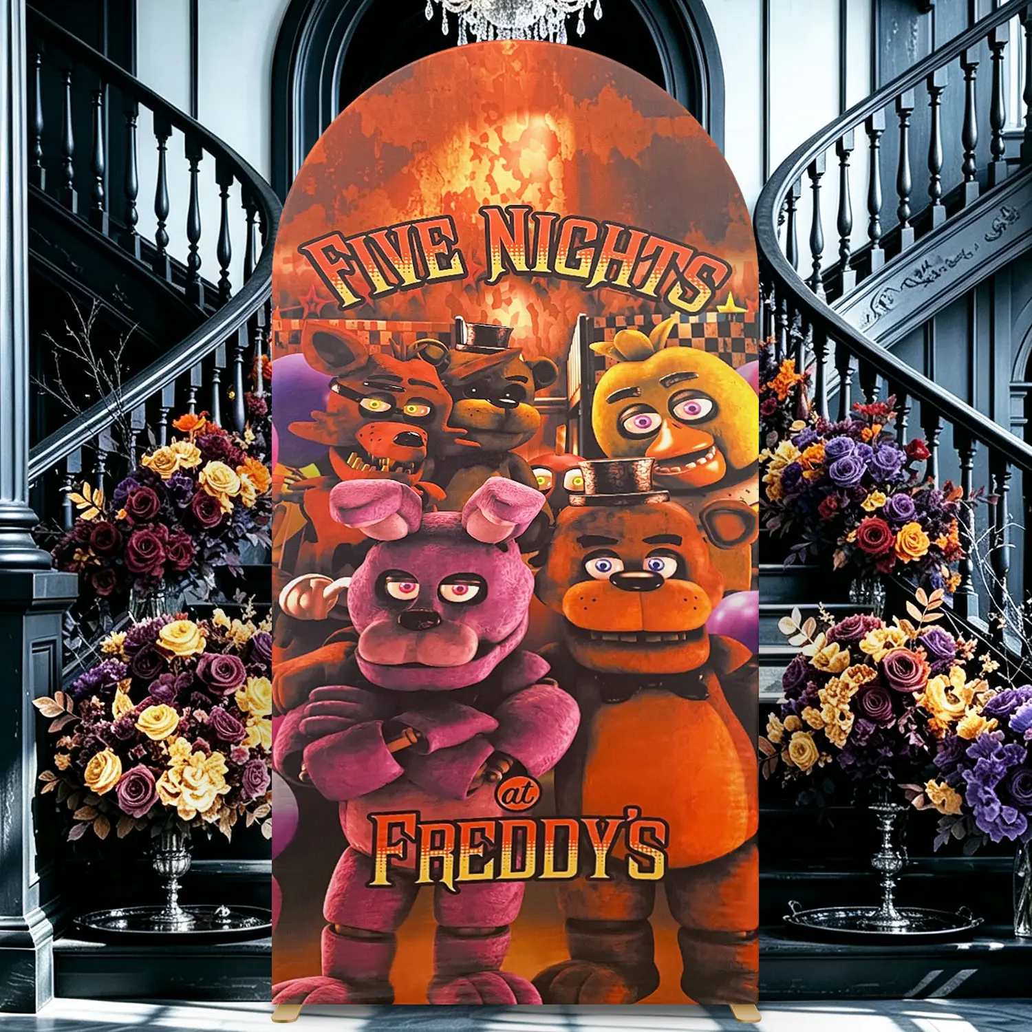 6.56FT Lightweight Polyester Spandex Fitted Round-Top Arch-Shape Chiara Backdrop Cover - Double-Sided Printed Cartoon Bear, Solid Black Back, Spooky Props for Kids Birthday Photo Booth Decor