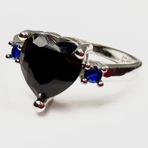 925 Sterling Silver Black Heart Blue Sapphire Ring