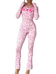 Cute Leopard Print Fitted Zip Up Semi Sheer Casual Sweater and Legging Set Womenswear Suits