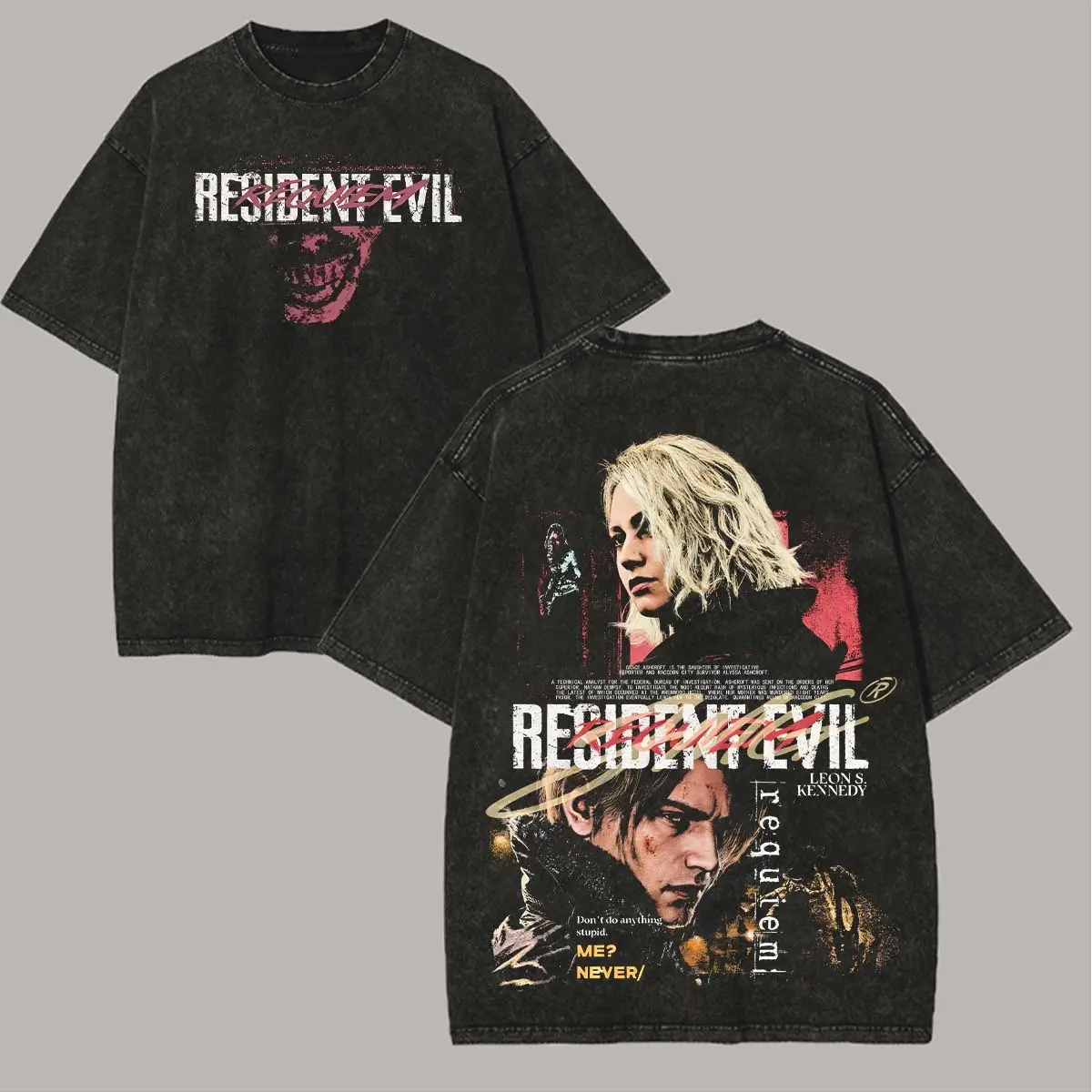 Resident Evil Leon S. Kennedy & Grace Ashcroft 'Requiem' Mineral Washed T-Shirt - RE9 Game Art with Iconic Quotes & Front Logo - Oversized Fit for Fans of Biohazard & Survival Horror Games
