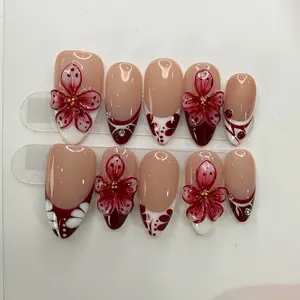 Burgundy 3D Floral French Tip Press-On Nails | Romantic Red Flower Nail Art