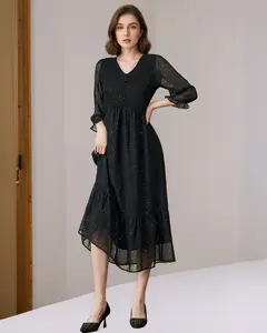 Women's 3/4 Sleeves Black Dress Vneck Formal Wedding Guest Dress for Cocktail Christmas Party Casual Elegant Midi Dress  LE-LQ016