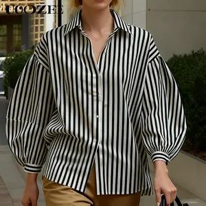 UOOZEE Women's Autumn Loose Buttoned Contrast Color Drop Shoulder Puff-Sleeve Striped Lapel Shirt, Ideal for Brunch Dates, Office Casual & Urban Outings (Loose Version, One Size Larger, Non Elastic Fabric)