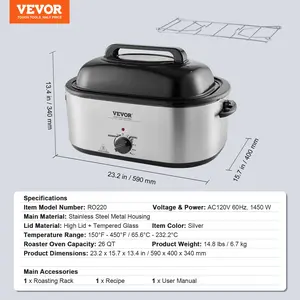 VEVOR Electric Roaster Oven, 26 QT Turkey Roaster Oven with Self-Basting Lid, 1450W Roaster Oven with Defrost Warm Function, Adjustable Temperature, Removable Pan Rack, Fits Turkeys Up to 30LBS