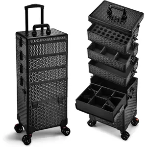 5 in 1 Makeup Train Case, Cosmetology Case on Wheels Travel Make up Case Rolling Nail Cart Makeup Organizer Cosmetic Storage Box Cases Extra Large Trolley Truck with 360° Swivel Wheels, Black