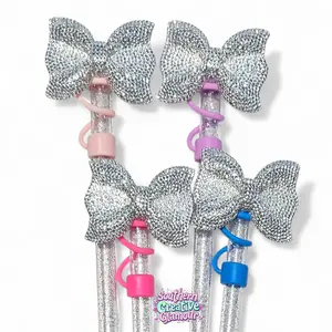 Bow 10mm Straw Topper | Silver Glitter