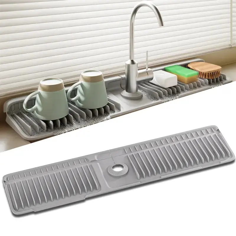 Silicone Kitchen Sink Faucet Drying Mat - 24in x 5.5in Water Splash Proof Guard, 7° Slope Fast Self-Draining, Adjustable, Durable, Easy-to-Clean Food-Grade Leak-Proof Kitchen Accessories