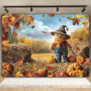 Rustic Autumn Harvest Backdrop Cloth with Scarecrow, Haystack, Wheat Field, Maple Leaves, Pumpkins - Polyester Rectangle Hanging Decor, Fantasy Theme, Clip-On, No Electricity Needed, for Living