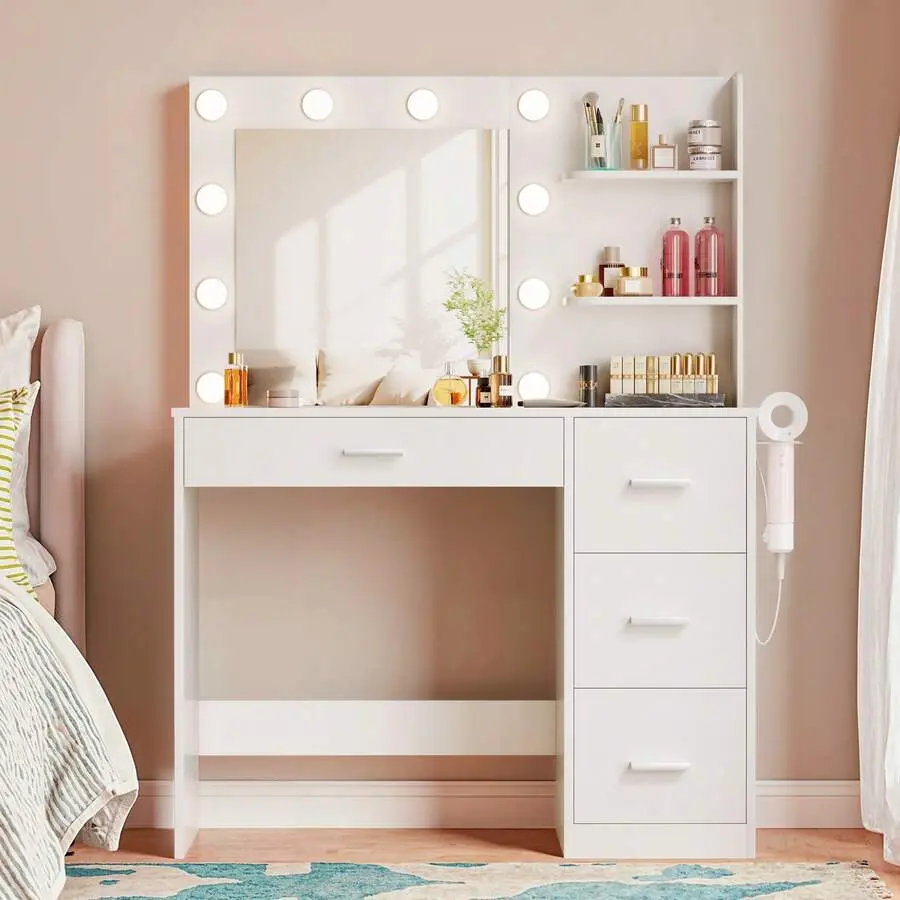 Classic LED Lighted Makeup Vanity Desk - MDF Wood Indoor Furniture Dresser Table with Mirror, USB Outlets, Built-in Charging Station, Storage Drawers, Open Shelves, Room Decor Functionality