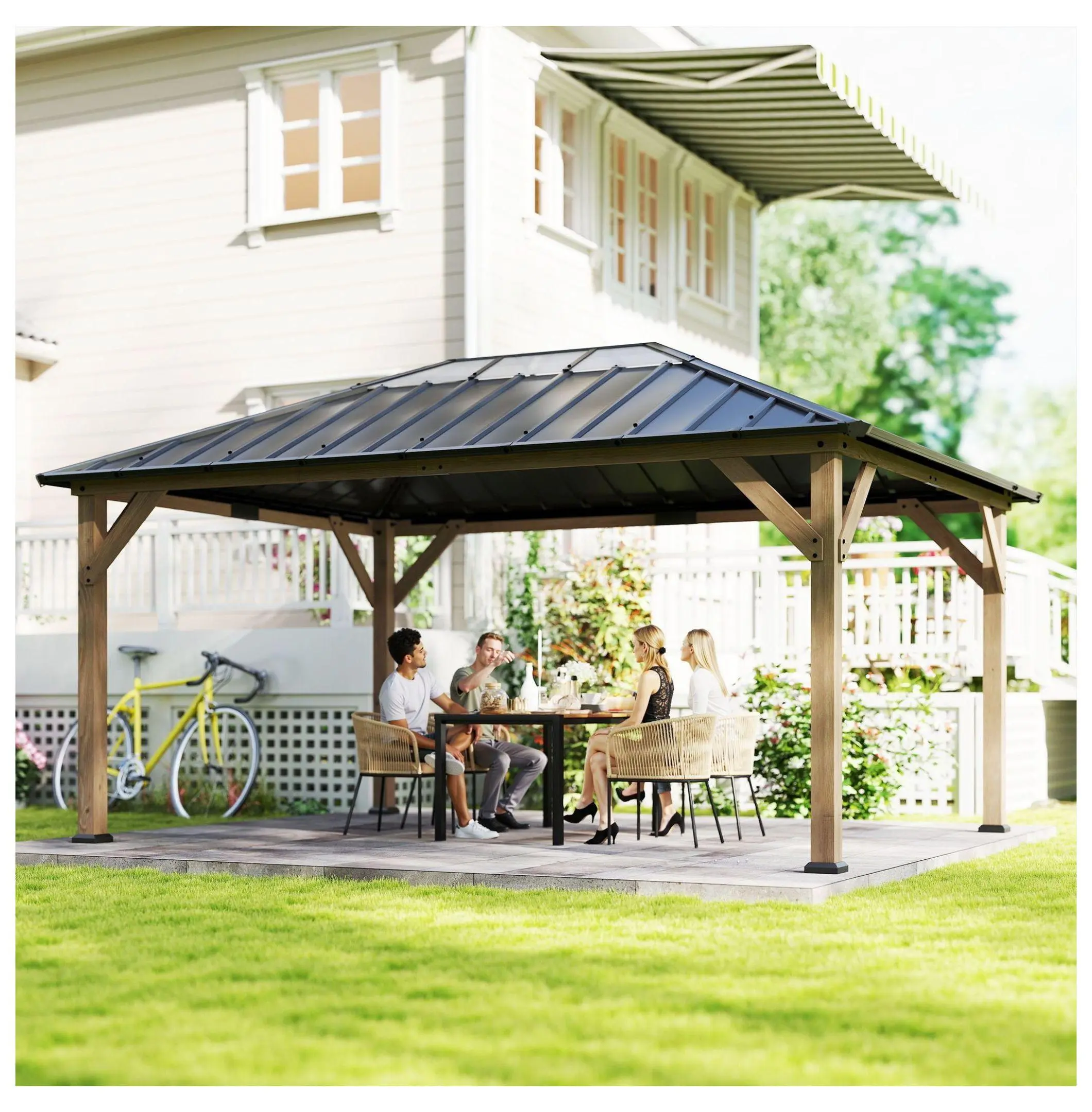 12x16 Gazebo with Steel Roof, Wood Pavilion Outdoor Permanent Garden Gazebo with Clear PC Top, Light Walnut Default Title