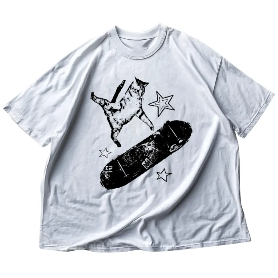 skateboard cat Y2K shirt 90s aesthetic vintage kitten Y2K tshirt, rockstar gf aesthetic cat tee, retro grunge coquette skater mori kei top