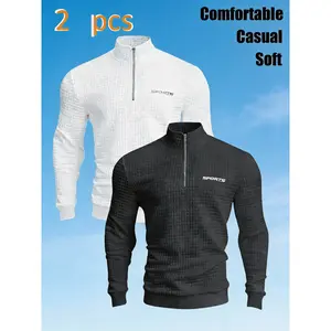 Men's Stylish Quilted Quarter-Zip Top - Stand Collar, Grid Texture, "SPORTS" Print