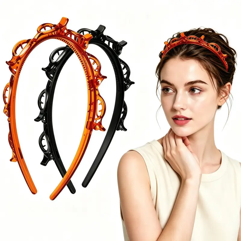 Women's 2-Pack Professional Plastic Braided Toothed Bang Hair Clip Set Headbands - Black, Brown, Lightweight, for Braids Hairstyles, Easy Hair Management, Casual Everyday Use, Anniversary, Business, Ceremony, Female