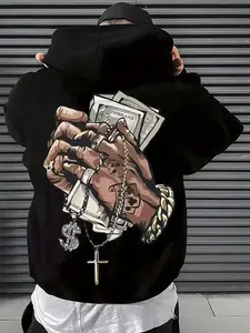 Praying Hands Money Pattern Hoodie, Unisex Hip Hop Streetwear, Fitted Sweatshirt with Dollar Bills and Jewelry Design, Casual Long Sleeve Top
