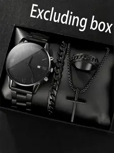 4-piece/set men's trendy Roman digital fashion watch men's black minimalist quartz watch set men's watch Casual Trendy Wristwatch