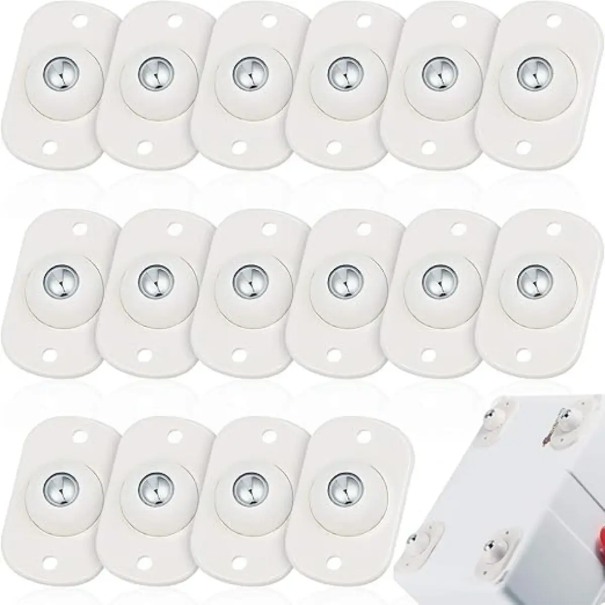 16 Pcs White Steel Ball Self-Adhesive 360° Swivel Universal Casters, Rotating Wheel Casters & Wheel-Shaped Sliders, Furniture Hardware Appliance Rollers for Kitchen Use