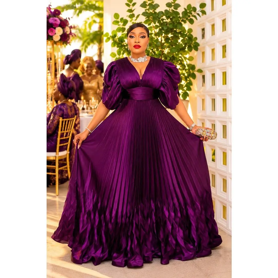 Dramatic Purple Crystal-Embellished Sleeve Draped Pleated Dress for Birthday Celebrant Engagement Ceremony Mother of The Bride Wedding Guest