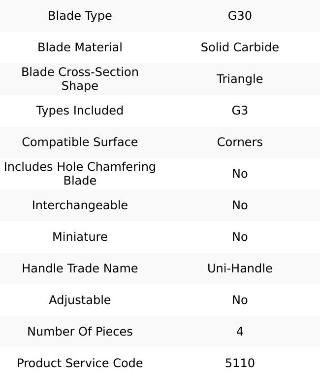 Shaviv 4 Piece Carbide Hand Deburring Tool Set Blade Type G30, Holder Type G3, For Corners 155-29073