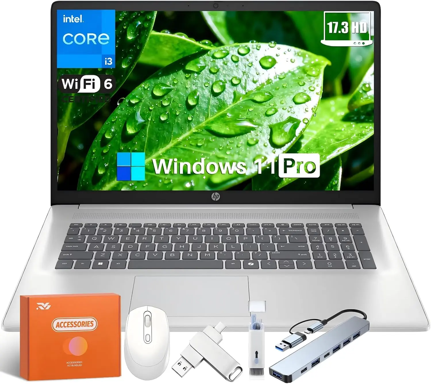 HP 17 inch Laptop Computer, Intel 8-Core i3-N305, 17.3" HD+ Anti-Glare Display, 8GB RAM, 512GB SSD, Windows 11 Pro, Ai Copilot, Numeric keypad, HDMI, Wi-Fi 6, for Business Student, w/Accessories
