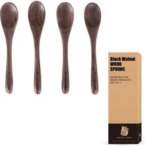 4 Pcs Small Black Walnut Wood Spoons for Eating Ice Cream, Desserts, Honey, Coffee & More, Premium Wooden Spoons Set Japanese Style Kitchenware