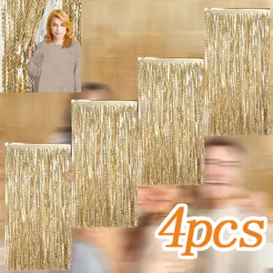 4 Packs 3.3X6.6ft Wavy Champagne Golden Metallic Tinsel Foil Fringe Backdrop for Parties, Door Streamers, Birthday, Photo Booth Backdrops
