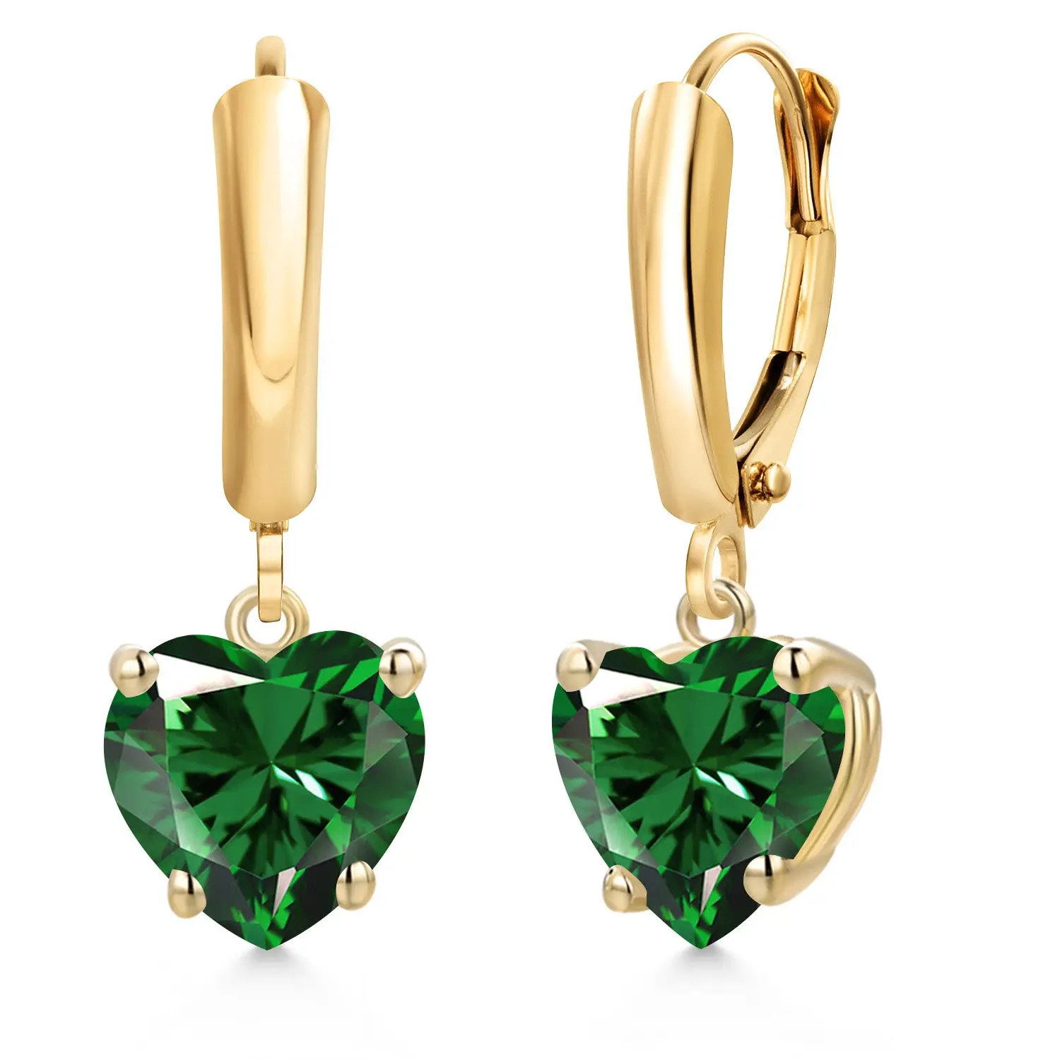 14K Yellow Gold Green Nano Emerald Dangle Earrings for Women | 2.80 Cttw | Gemstone May Birthstone | Heart Shape 8MM