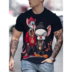 Men's Short-Sleeve Cotton Knit Polyester Fabric T-Shirt - Black Crewneck, 3D Printed Stylish Cartoon Mouse & Bold Jewelry Graphics, Machine Washable Durable Sports & Streetwear Casual Top