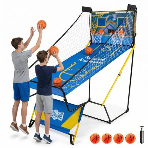 Dual Shot Foldable Basketball Arcade Game - Basketball Training Equipment with LED Digital Scoreboard, 4 Balls, Pump for Indoor Family Entertainment