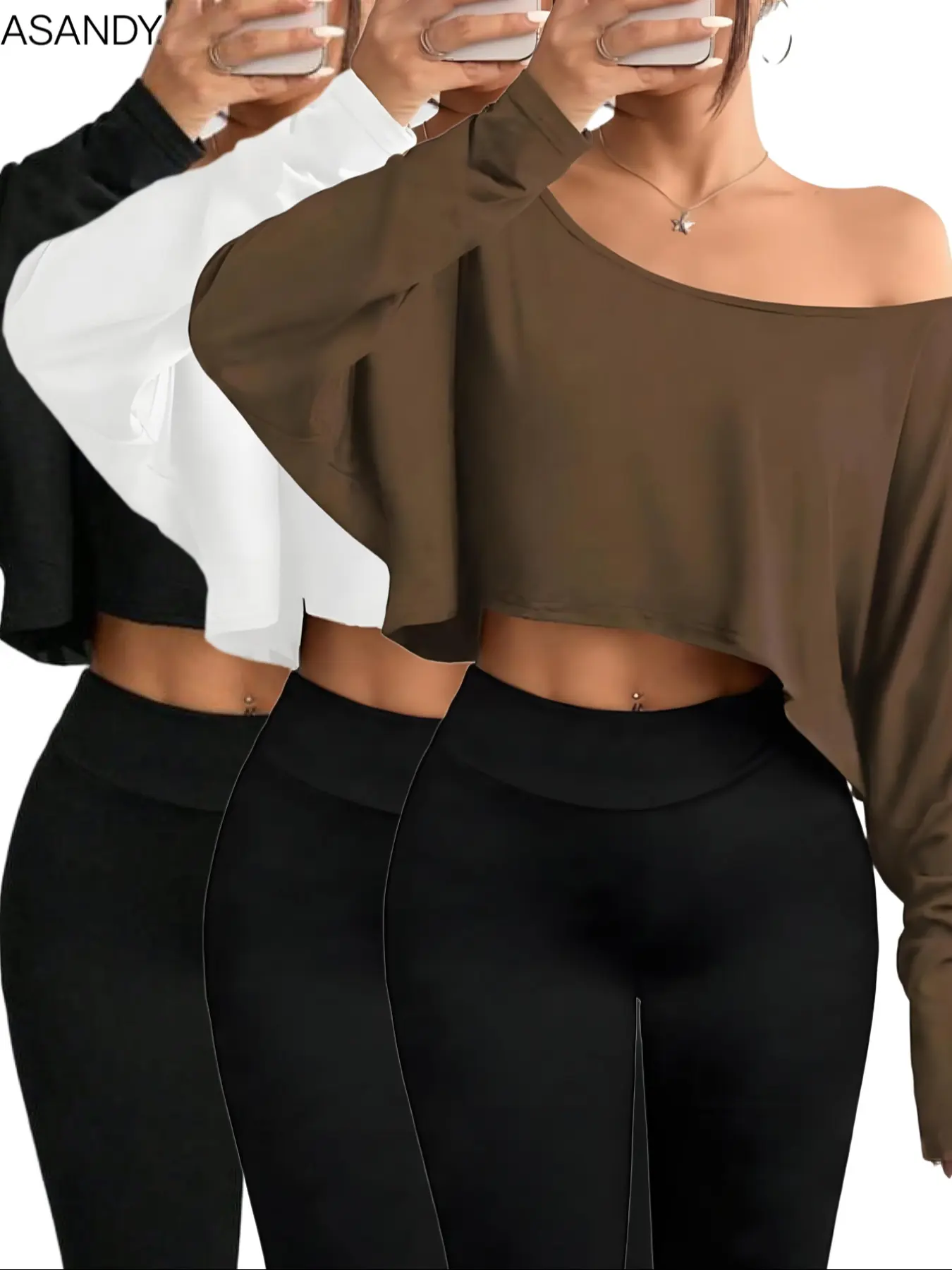 Women's three-piece off-the-shoulder batsleeved short long-sleeved top - loose asymmetrical collar blouse shirt, casual party style