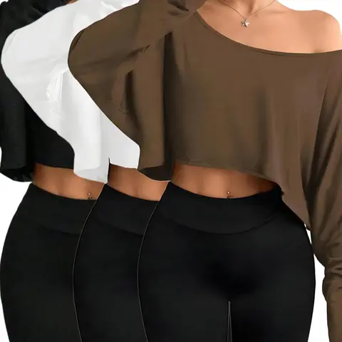 Women's Off-the-Shoulder Batwing Sleeve Long Sleeve Crop Top, Loose Asymmetrical Collar Blouse, Casual Party Style, Blouse Shirts, Fashion