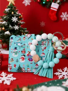 Christmas Theme Card Holder Keychain, Santa Claus Snowman Reindeer Design, Button Closure, Easy Storage, Gift for Friends and Family, Keychain Kawaii